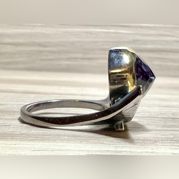 Vintage Designer (KS) Oxidized Sterling Silver & Gold Modernist Amethyst Ring - Picture 5 of 12